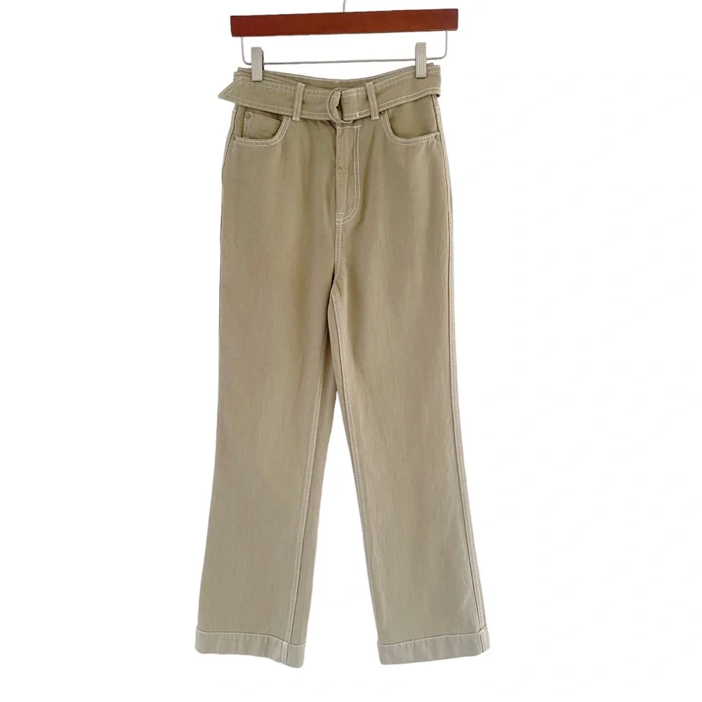 Zimmermann Belted High-Rise Straight-Leg Jeans in Sage Green - Picture 4 of 10